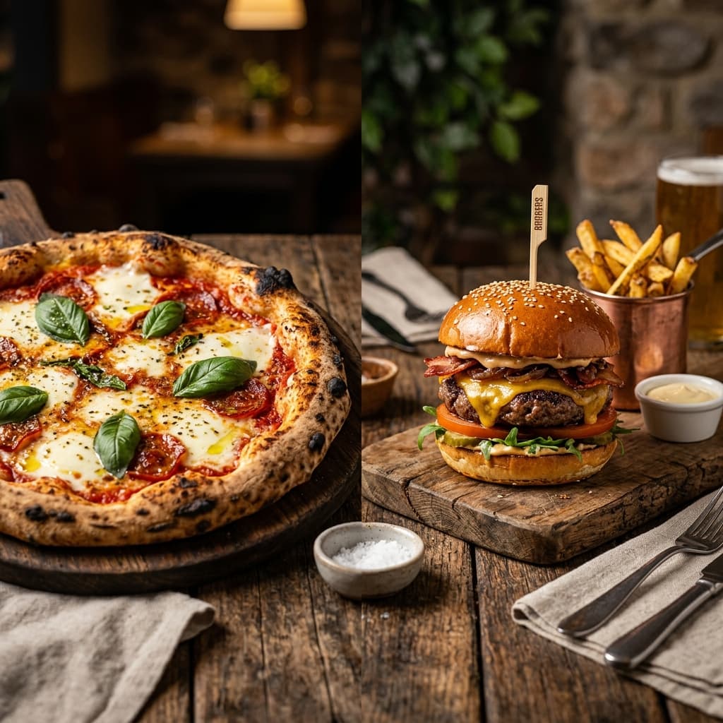 Premium pizza and gourmet burger fresh from the oven